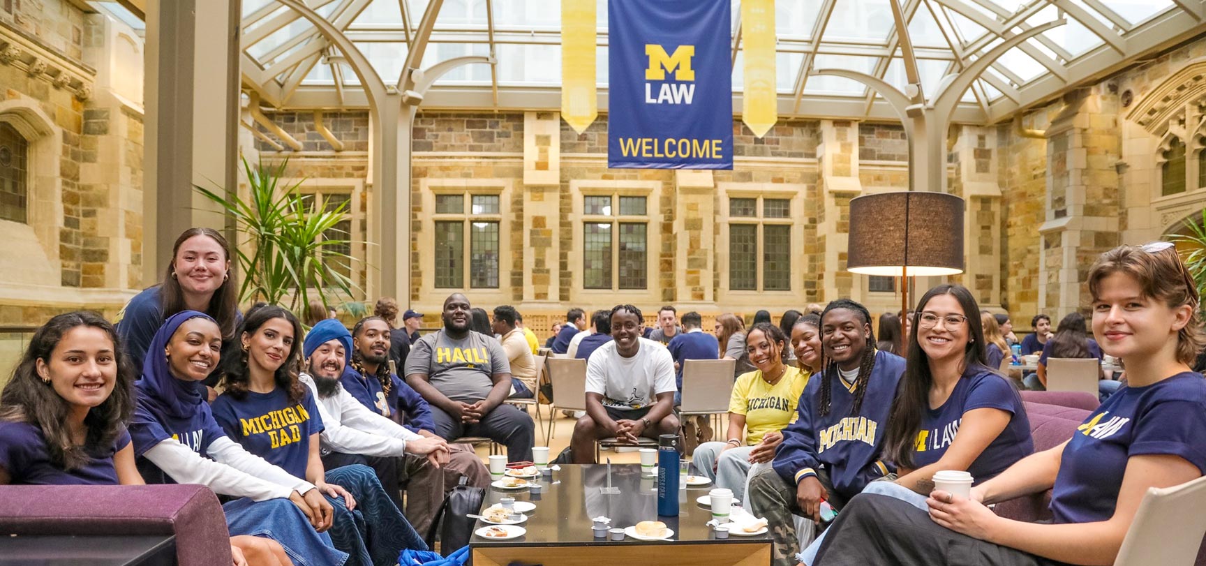 A group of Michigan law students gathered in the law Quad