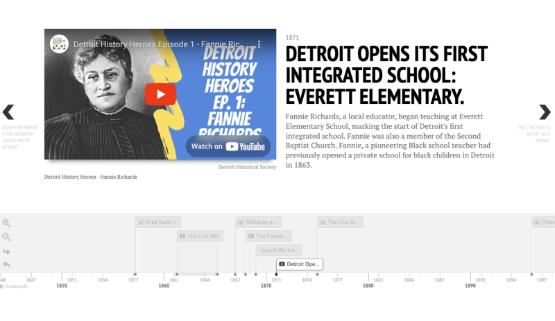 A timeline of Detroit school integration featuring a playable Youtube video and descriptive text. 