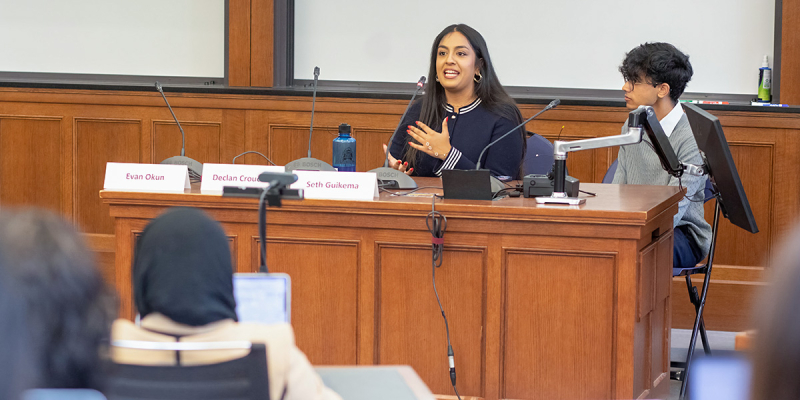 Karma Karira and Ankit Raghunath panel at the Michigan Law Transnational Law Symposium.