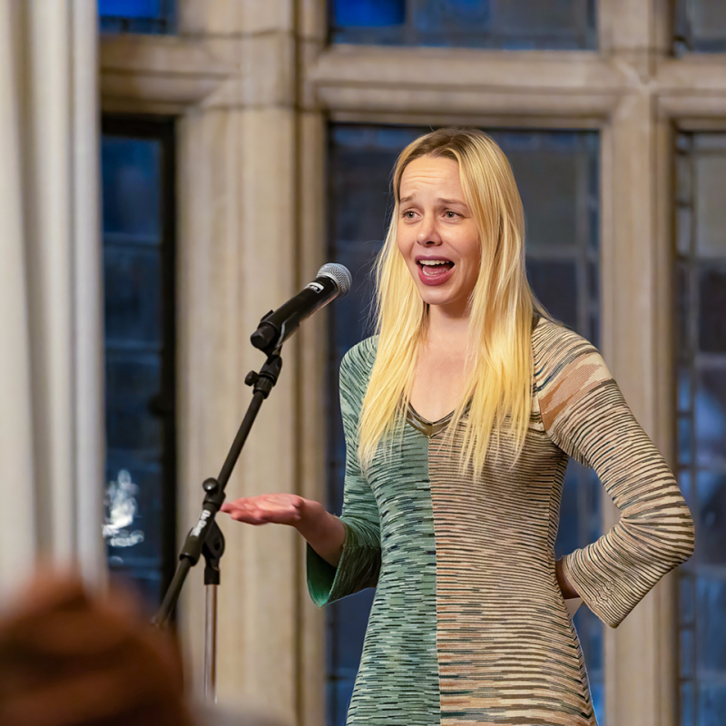 Isabel Bysiewicz speaking at the Michigan Law public interest storytelling event, The Valiant.