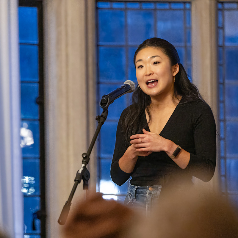 Jennifer Jiwon Kim speaking at the Michigan Law public interest storytelling event, The Valiant.