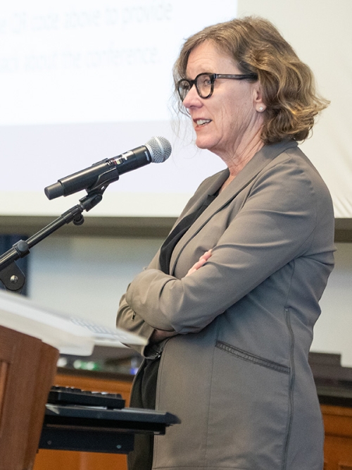 Ann Carlson speaks in front of a crowd at the Environmental Law and Energy Program’s 2024 conference.