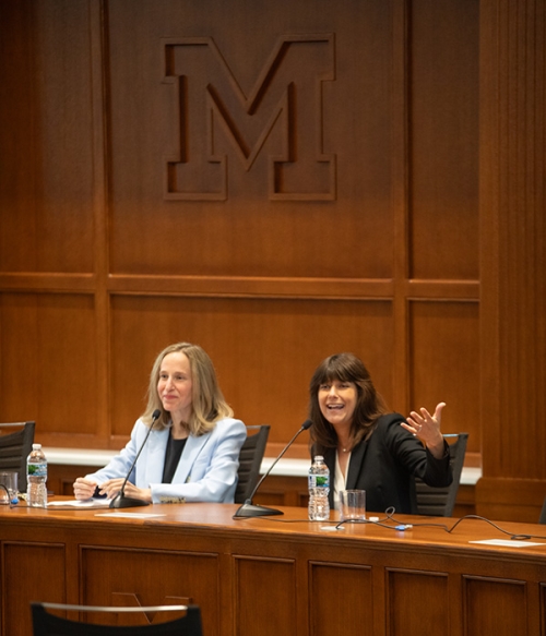 Elizabeth Prelogar and Professor Leah Litman, ’10 speaking to the law school community.
