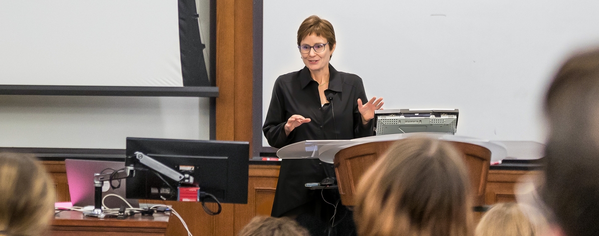 Kate Masur speaks in front of a full classroom at Michigan Law School.
