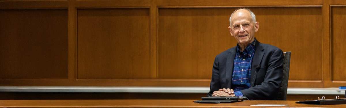 Former Federal Judge David S. Tatel and Professor Nicholas Bagley speaking during a Michigan Law School lecture.