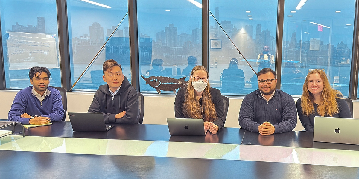 (Left to right) Ishan Chowdhury (1L), Michael Zhao (3L), Kate Mulligan (2L), Mario Campos (LLM), and Veronica Navarro (2L) worked with Waterkeeper Alliance in New York.
