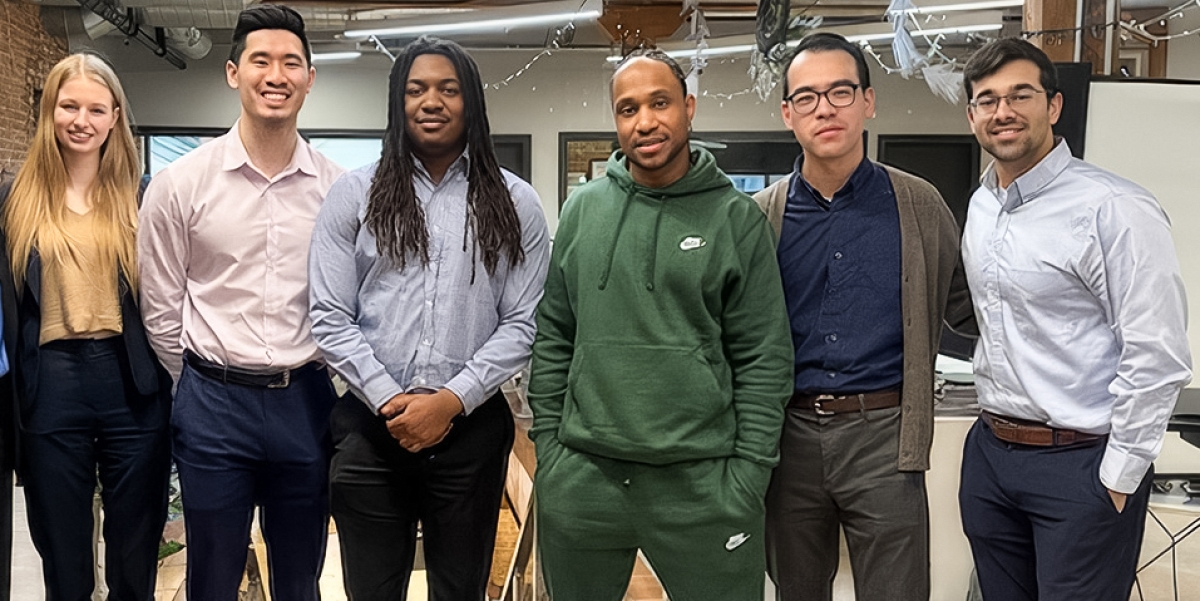 Exoneree Robert Johnson met 1L students (left to right) Kerry Holihan, Caroline Theuerkauf, Charles Tsao, Devonte King, Austin Wu, and Maxime Legros during the students’ week with the Exoneration Project in Chicago.