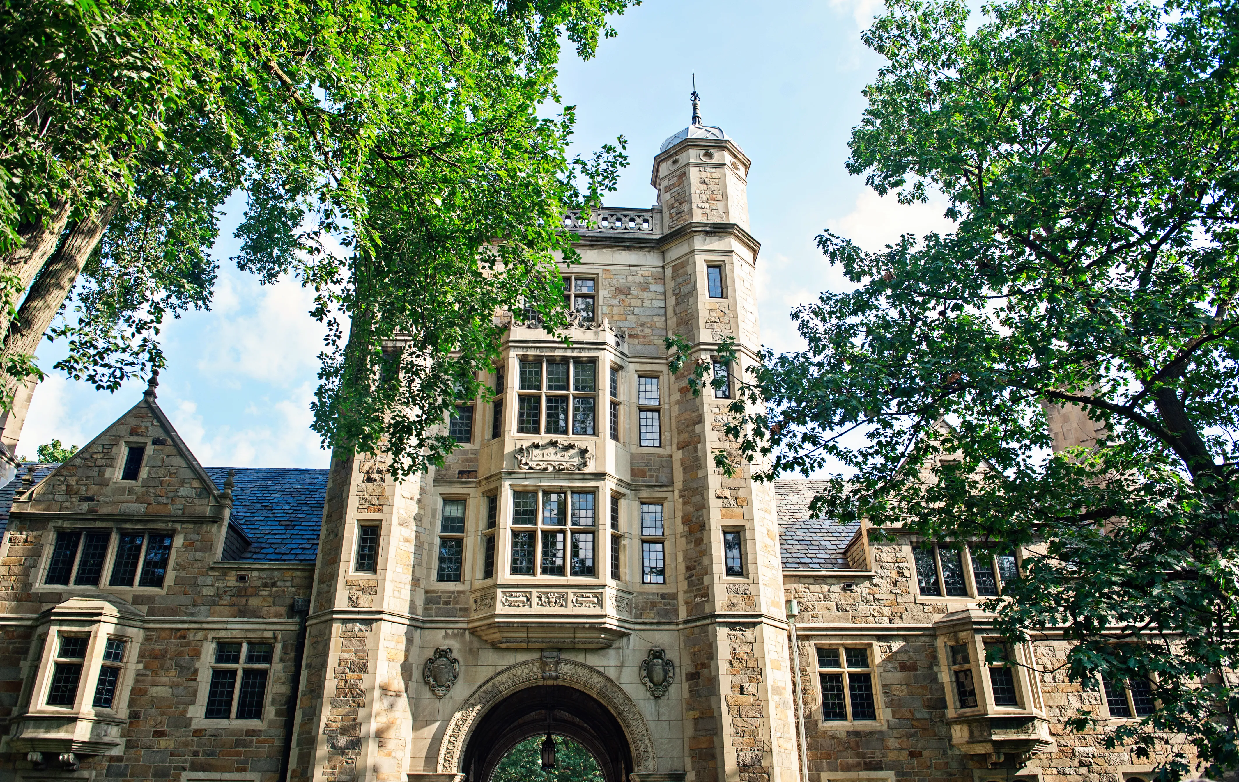 Exterior view of the Lawyers Club Archway from the Law Quad