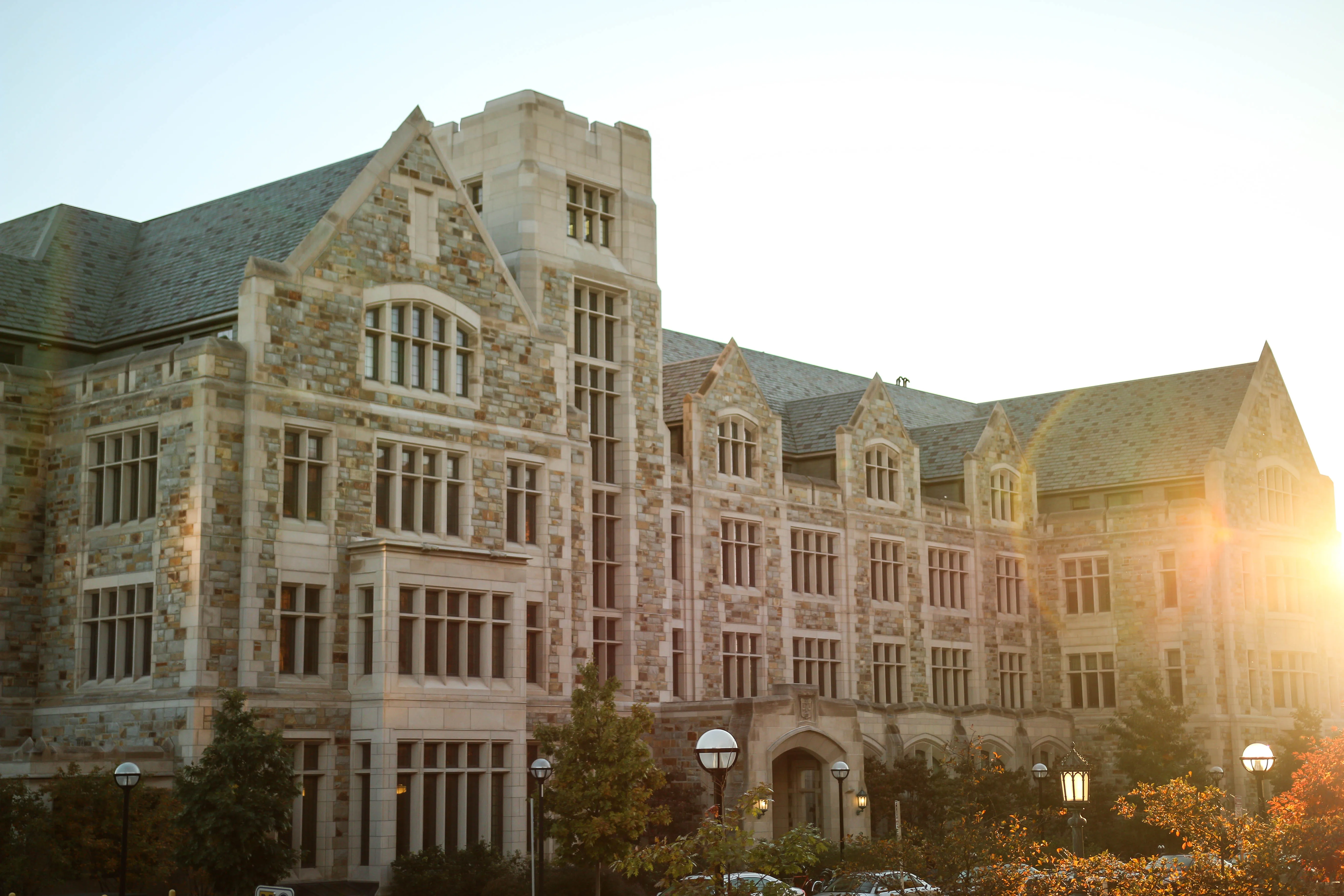 Exterior view of Jeffries Hall building during sunset in the summer