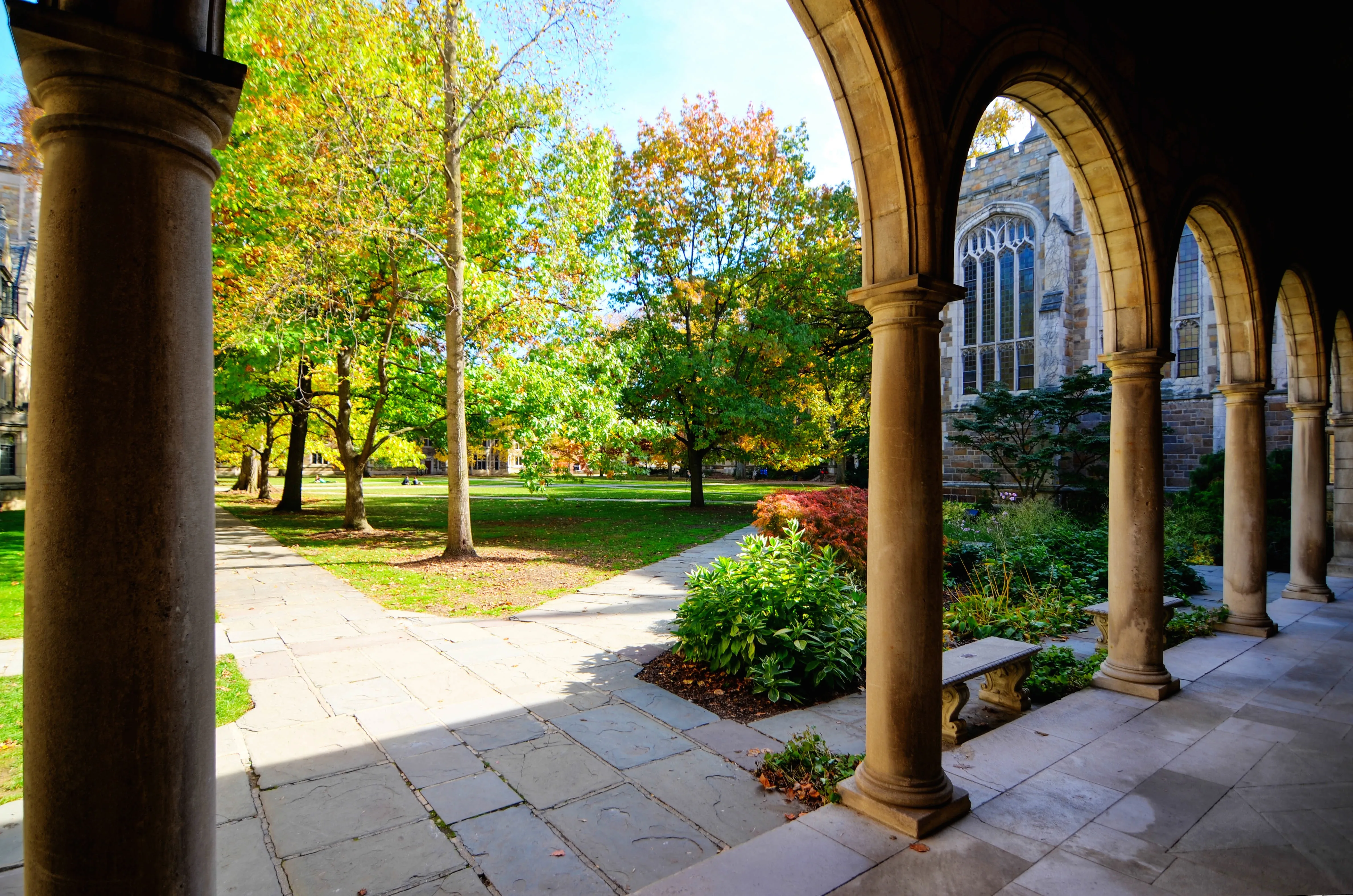 Exterior view from Lawyers Club Alcove in the Fall looking towards the Law Quad