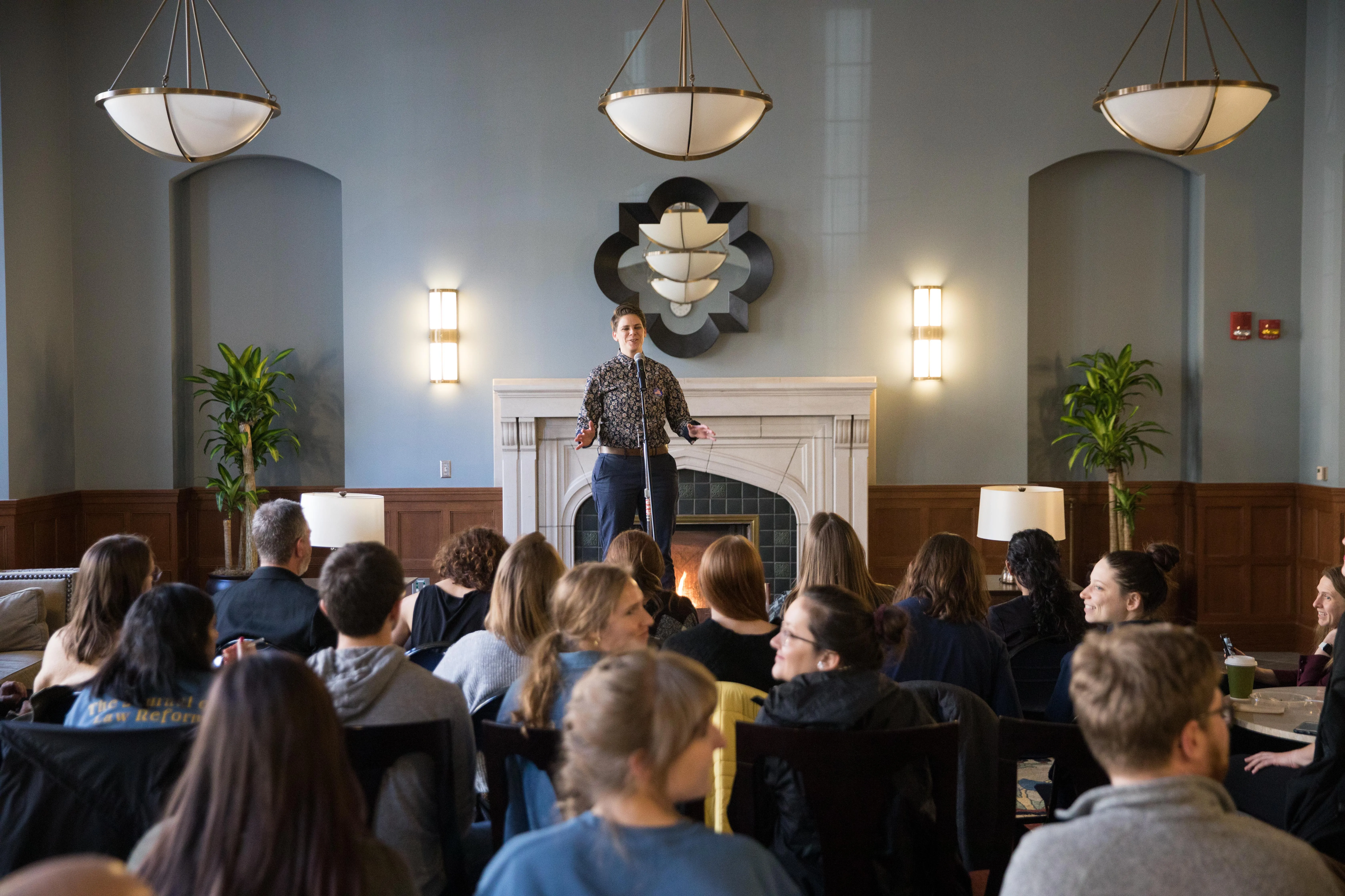 Lara Finkbeiner speaks in the student lounge in front of students at careers event The Valiant