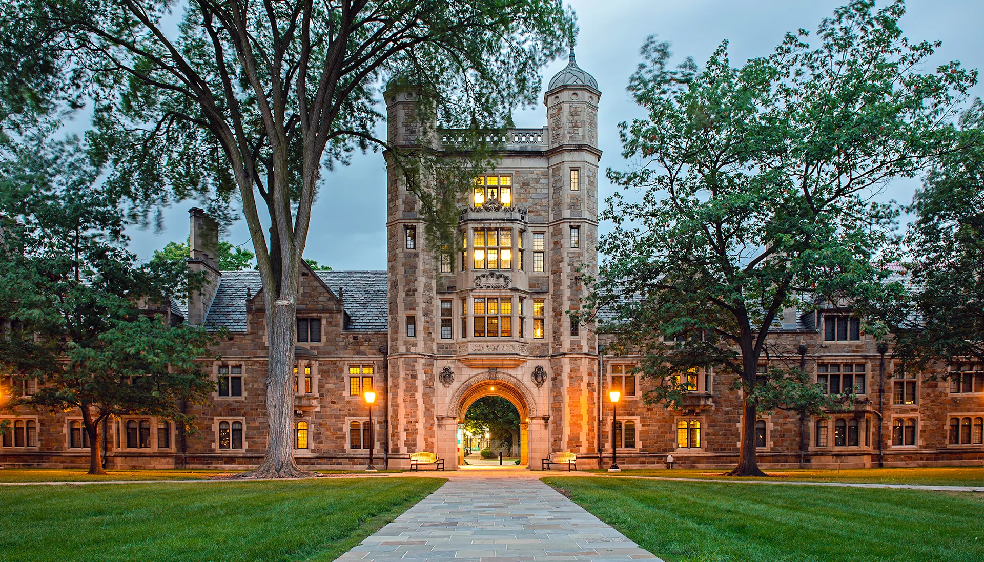 Beautiful Lawyers Club at dusk from inside the quad
