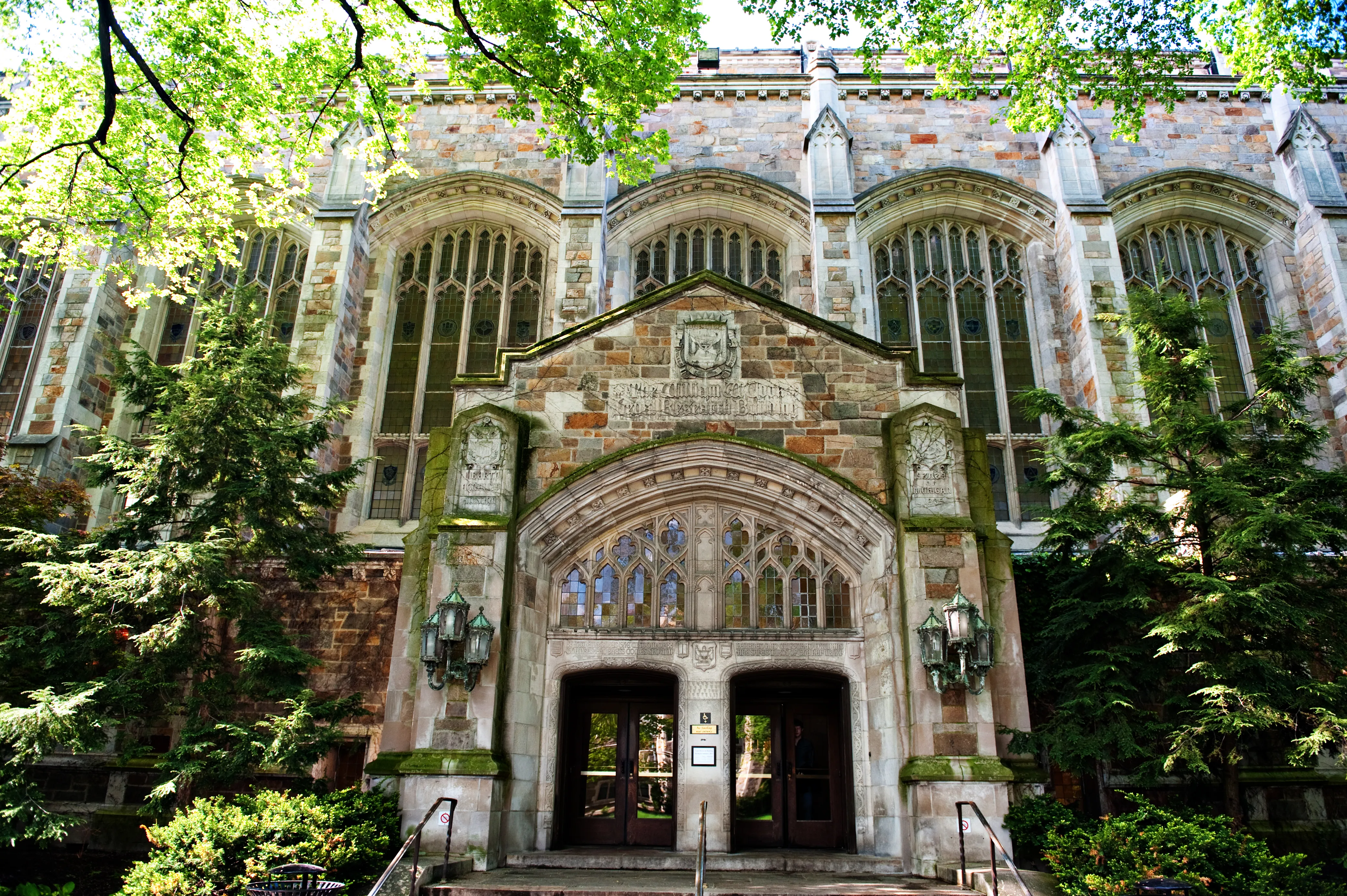 Exterior view of the Reading Room Entrance from the Law Quad during Summer