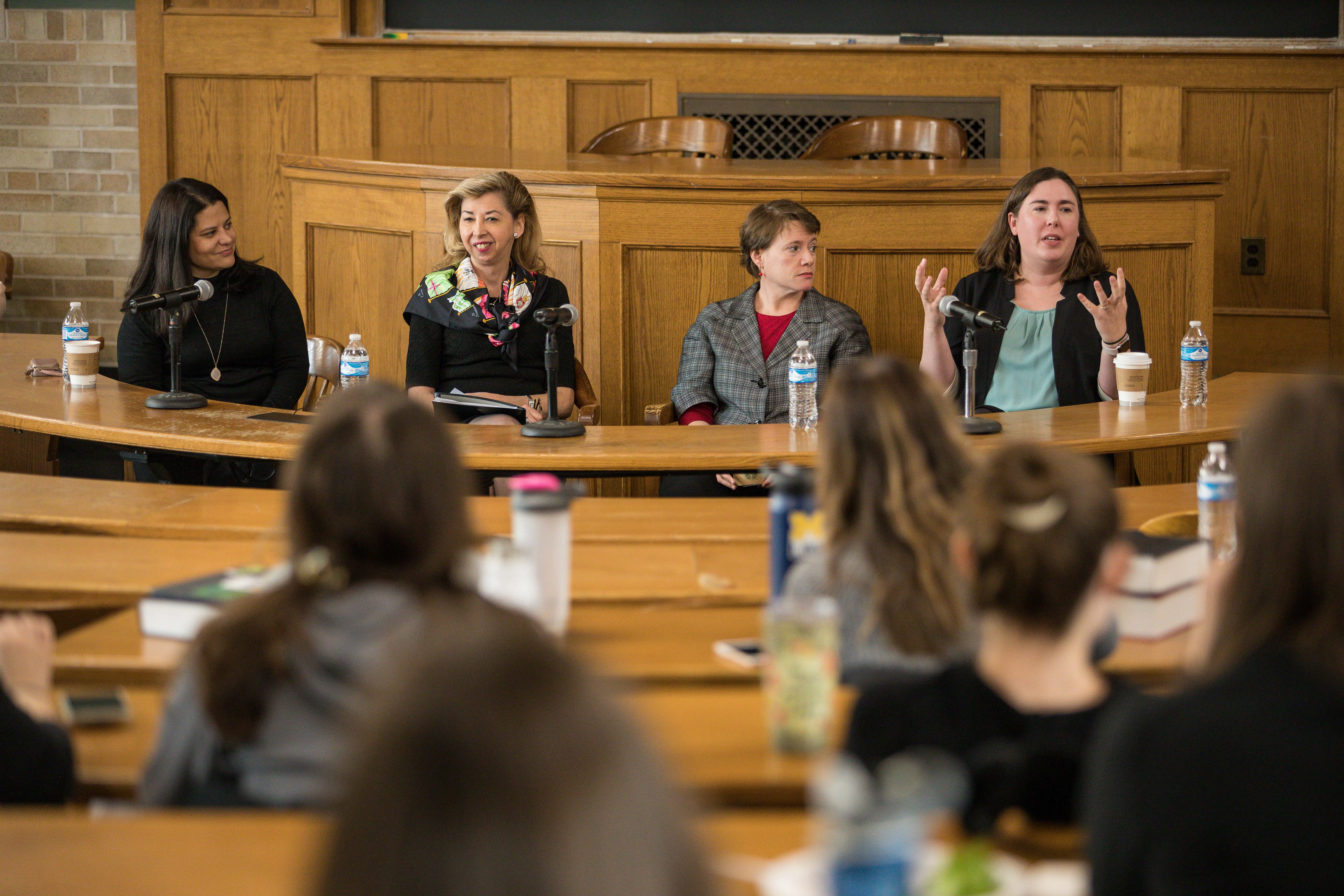 Michigan Law Hosts Panel featuring women in IP lecturing in classroom full of students