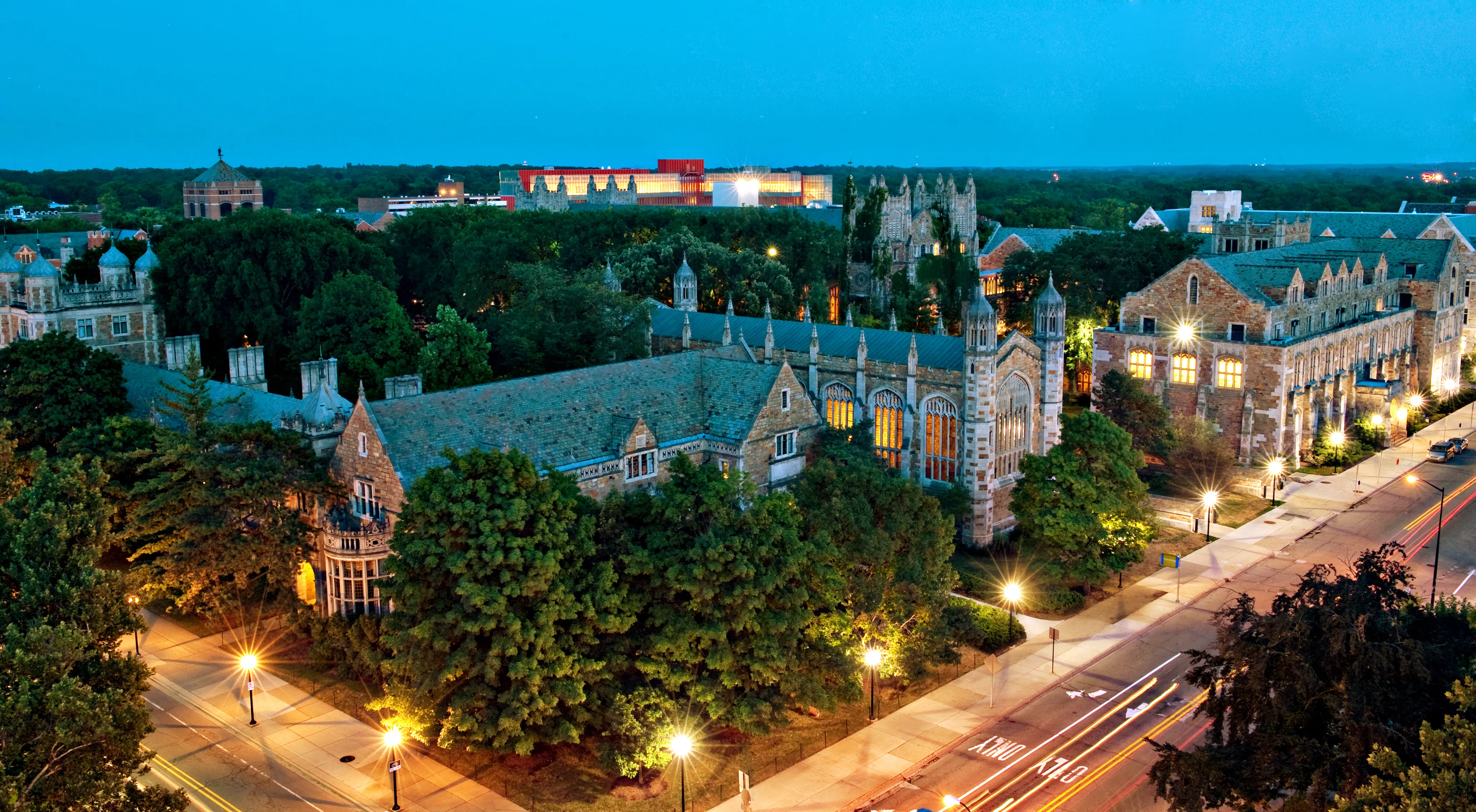 Aerial view of the Michigan Law School campus in the summer during sunset