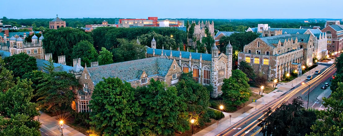 Aerial view of Michigan Laws campus at dusk