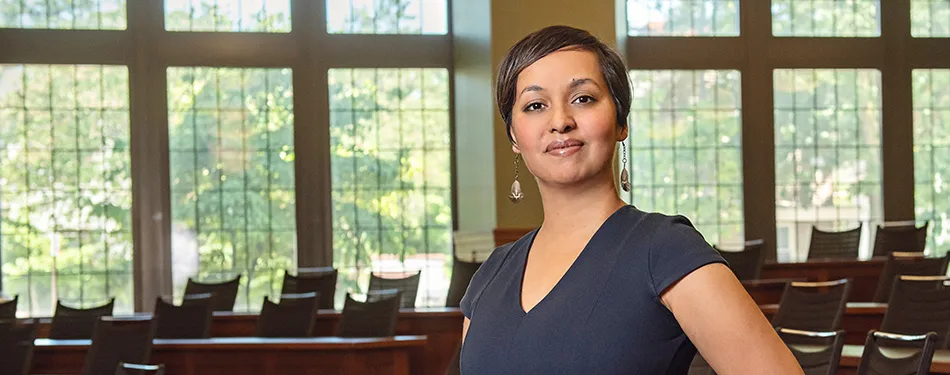 Professor Sanjukta Paul standing in a Michigan Law classroom