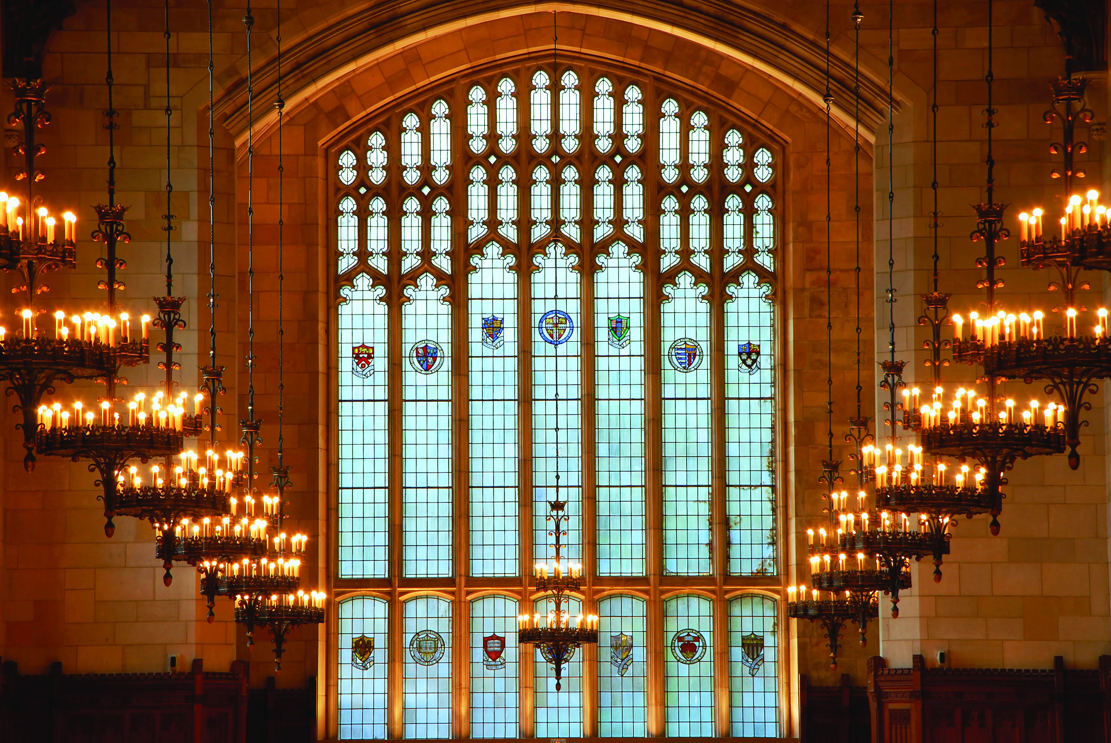 The Reading Room at dusk with the lights on casting an orange glow. Beauty Image.