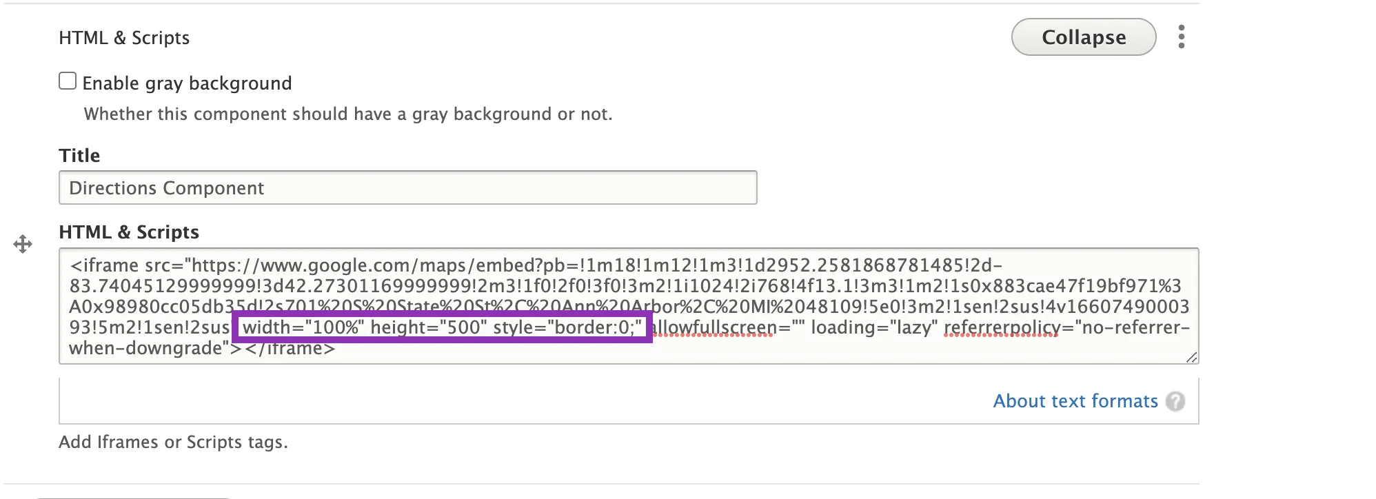 Google Map Embed HTML Example with height, width, and border values highlighted.
