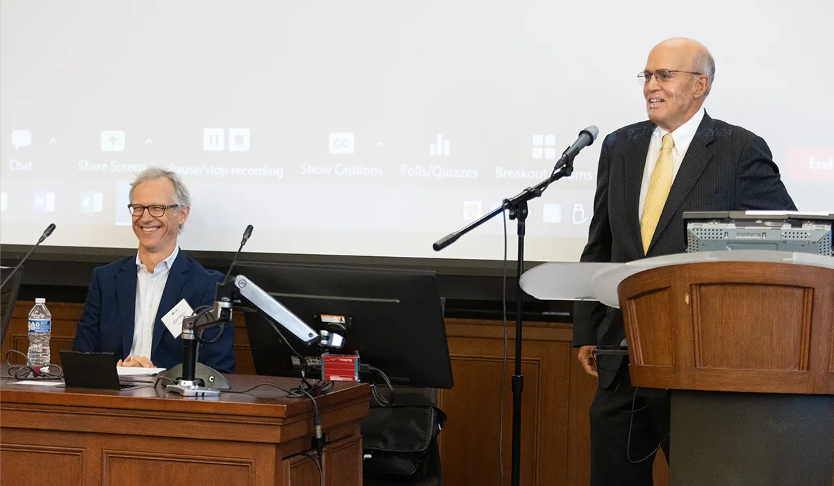 Jeffrey Fisher, ’97, left, is introduced by his former professor, Richard Friedman, before delivering keynote remarks at the Michigan Journal of Law Reform Symposium, “Crawford at 20: The Confrontation Clause.”