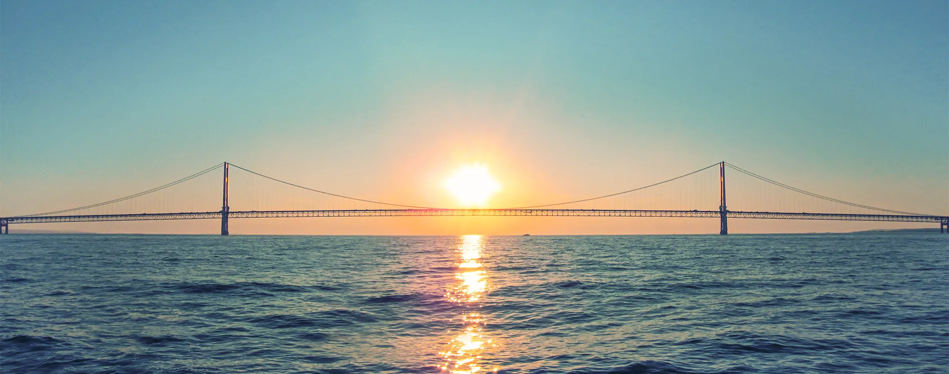 Mackinac Bridge in Michigan at sunset.