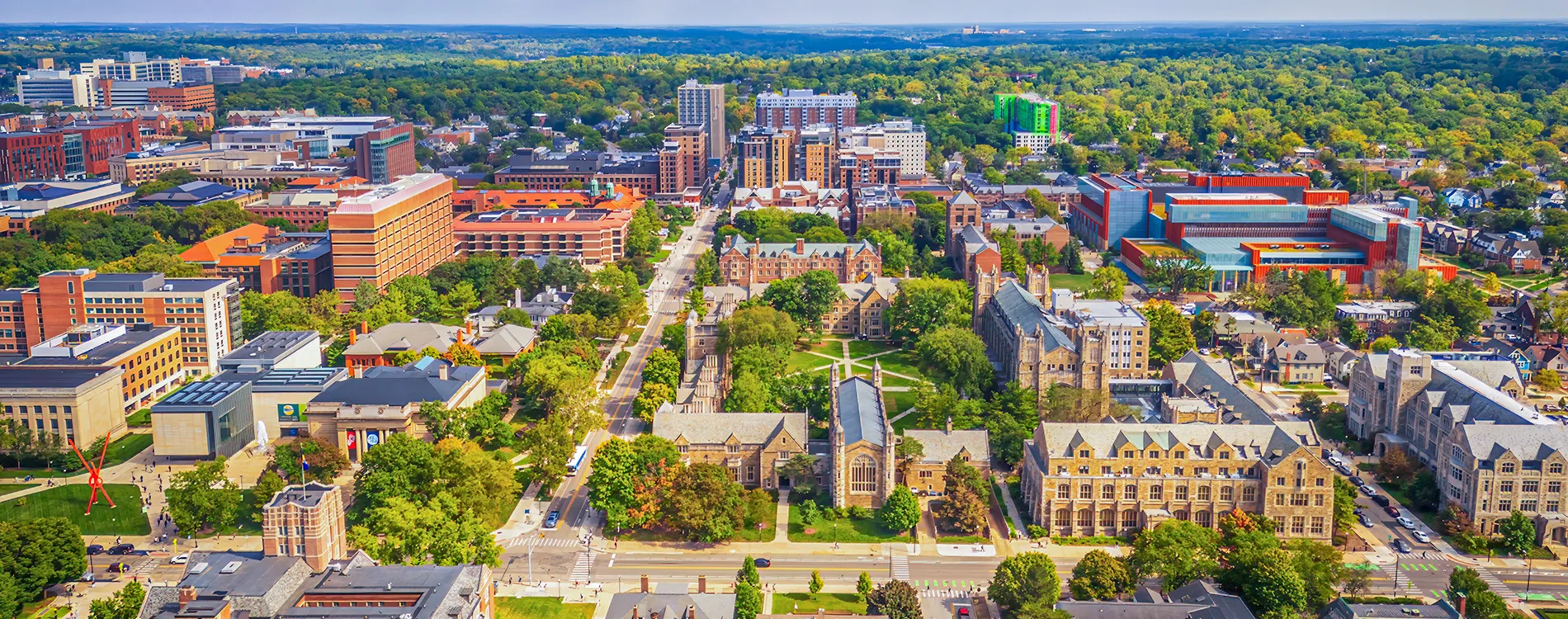 Aerial view of the University of Michigan Law School campus in Ann Arbor, Michigan.