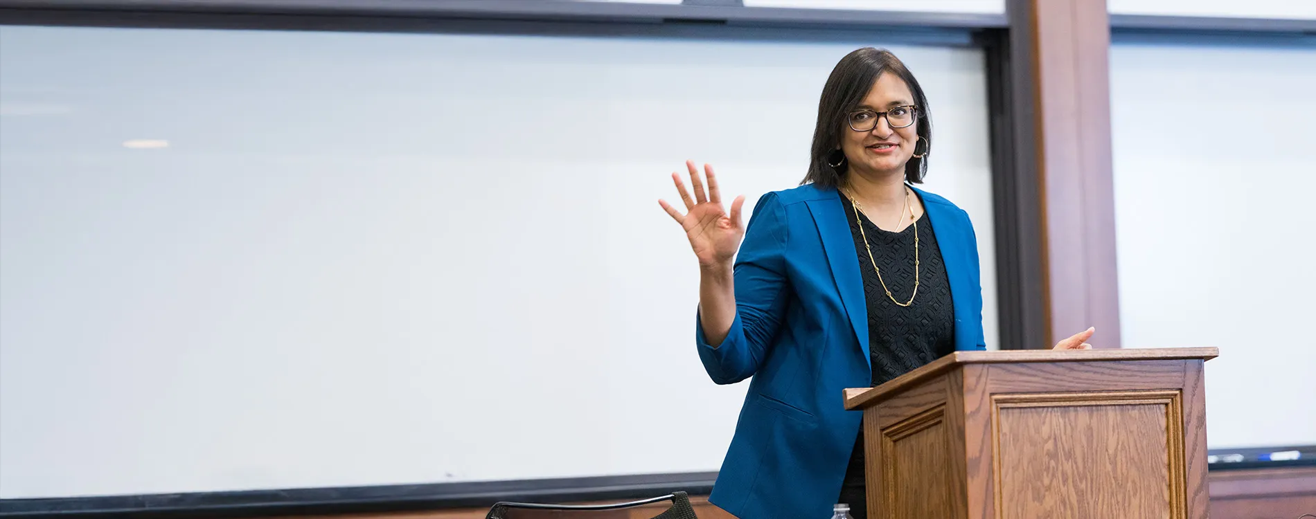 Archi Pyati, ’02, delivering Public Interest Week’s keynote address.