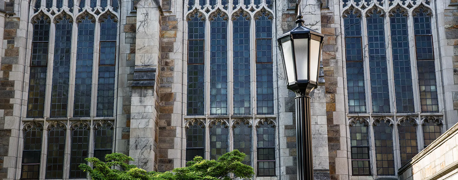 Michigan Law Reading Room exterior windows and lamp post.