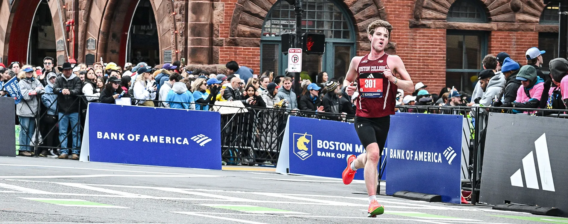 Andrew Healey running in the 2026 Boston Marathon.