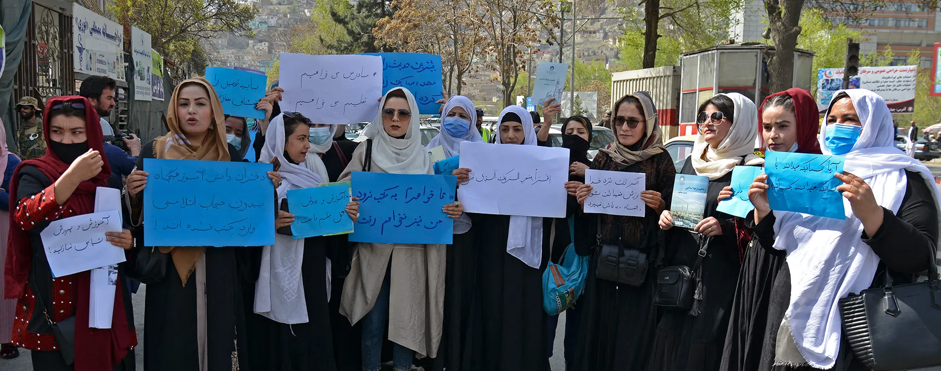 Afghan women protest in front of the Ministry of Education in Kabul.