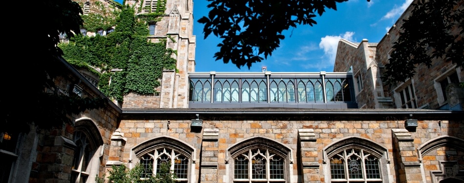 Exterior view of the bridge between Hutchins Hall and the Reading room from the inner courtyard of the law school