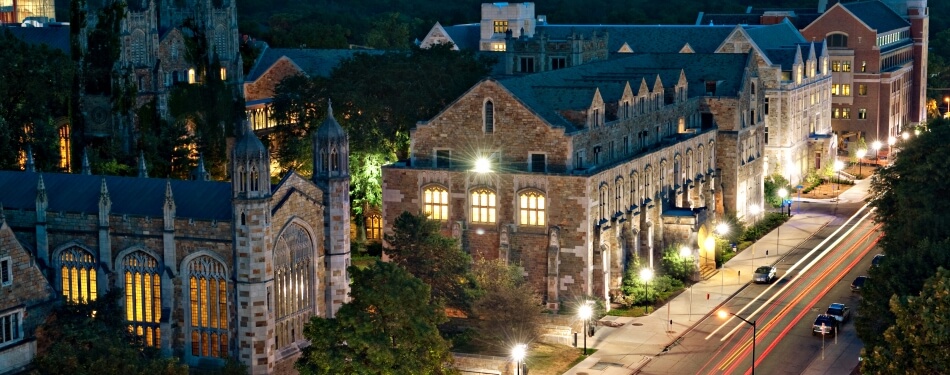 Aerial Exterior View of Law School Campus at night