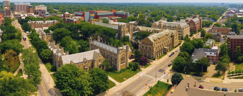Aerial view of the law school campus.