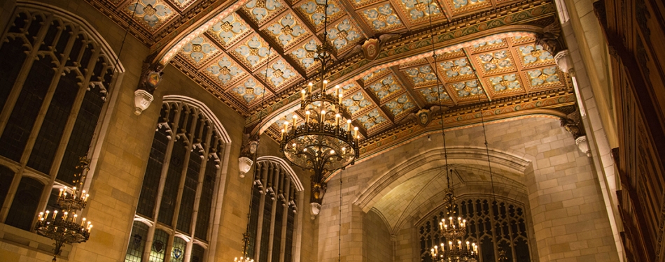 Image of the ornate work of the ceiling in the Law Library
