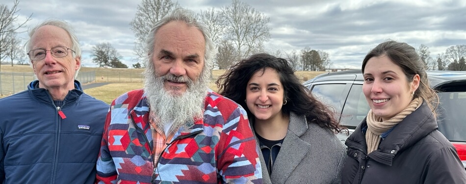 Jeff Titus pictured after his release from prison with (far left) Professor David Moran and Naomi Farahan and Olivia Daniels, who worked on Titus’s case as student-attorneys in the Michigan Innocence Clinic.
