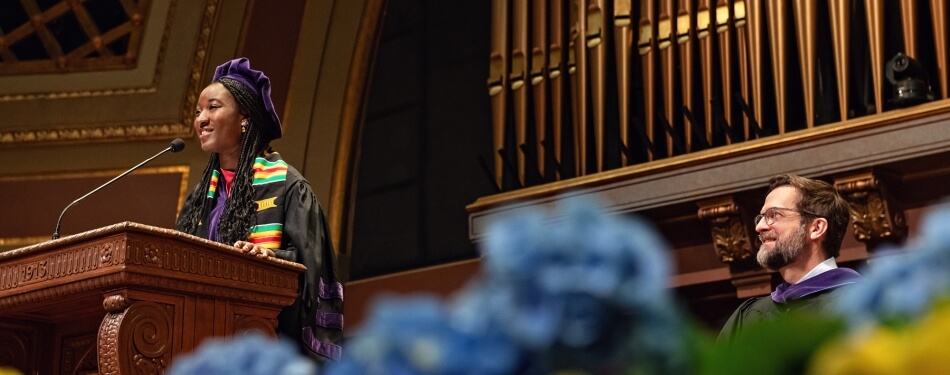 A student delivers a speech at the Law School Senior Day celebration.