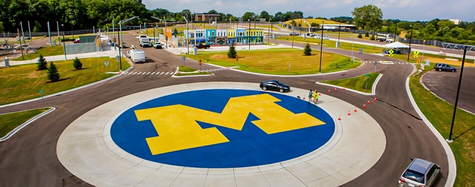 Cars on roundabout at M city test facility.