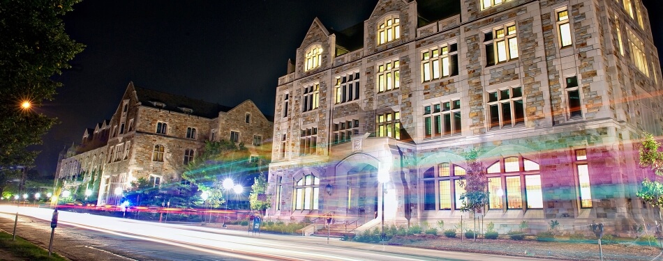 Light trails from traffic passing Jeffries Hall.