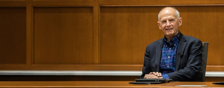 Former Federal Judge David S. Tatel and Professor Nicholas Bagley speaking during a Michigan Law School lecture.