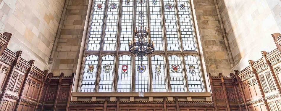 Michigan Law Reading Room stained glass window.