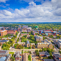 Aerial view of the University of Michigan Law School campus in Ann Arbor, Michigan.
