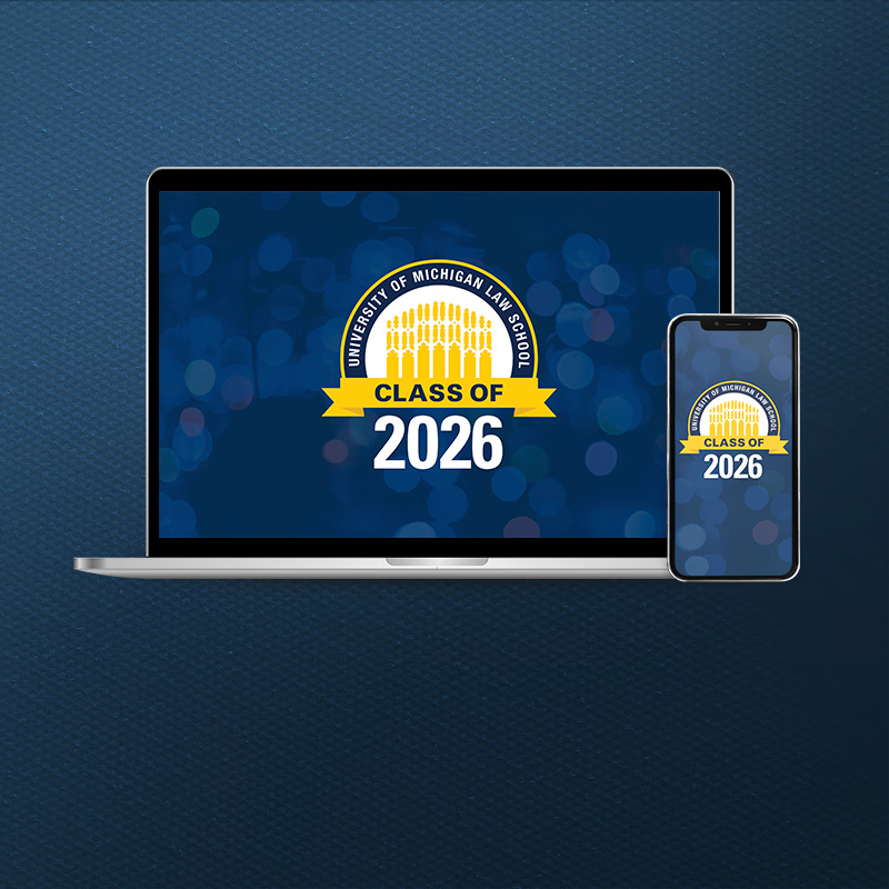 A laptop and mobile phone displaying the Michigan Law Class of 2026 graphic.