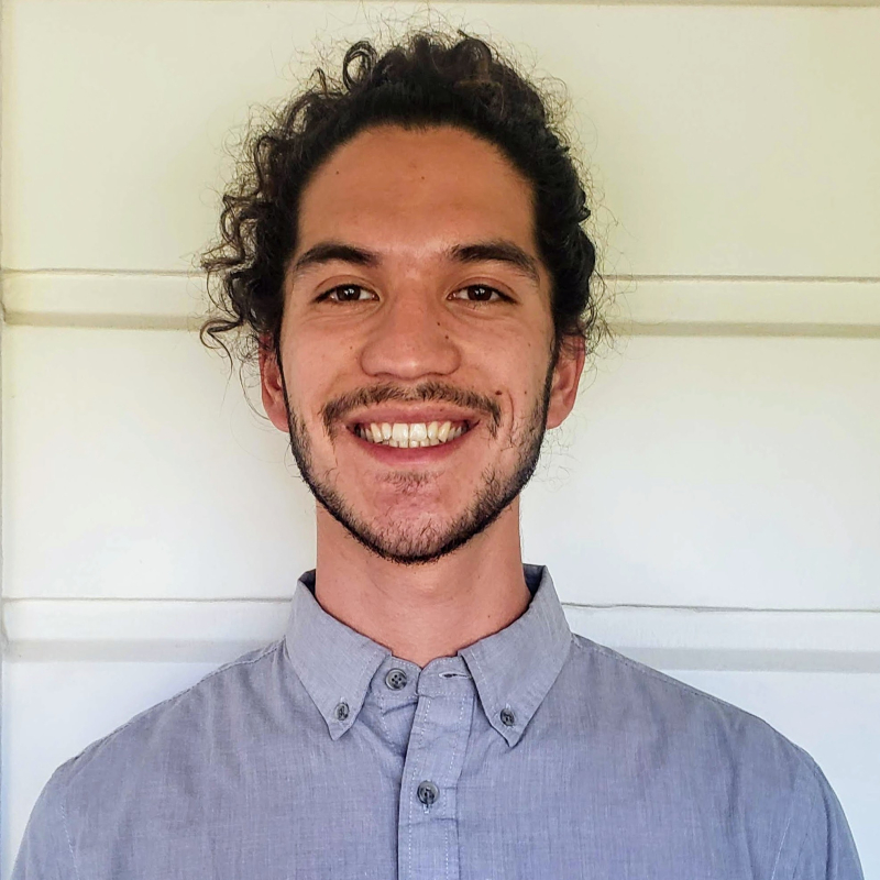 A person with a beard and curly hair smiles in front of a blank wall.