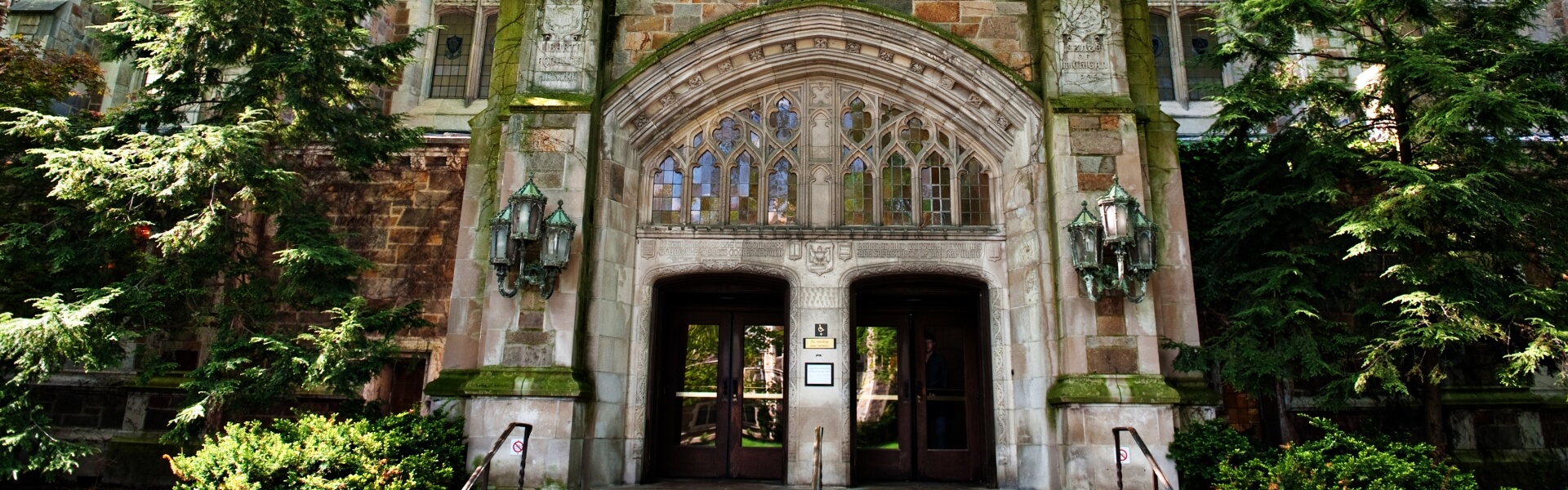 Exterior view of the Reading Room Entrance from the Law Quad during Summer beauty