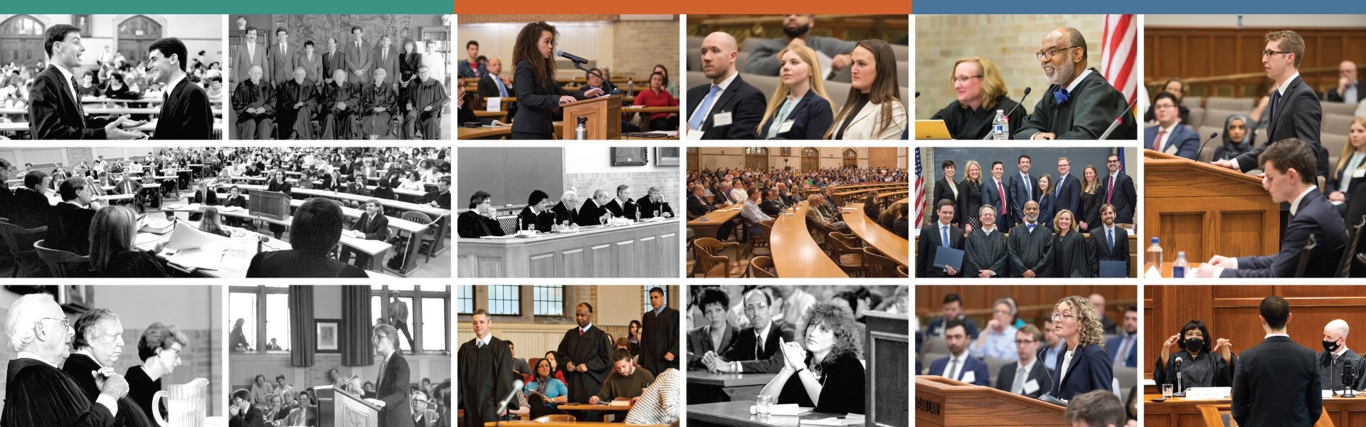 Collage celebrating the history of the Campbell Moot Court, featuring courtrooms, attorneys, judges, and moot court activities over the years.