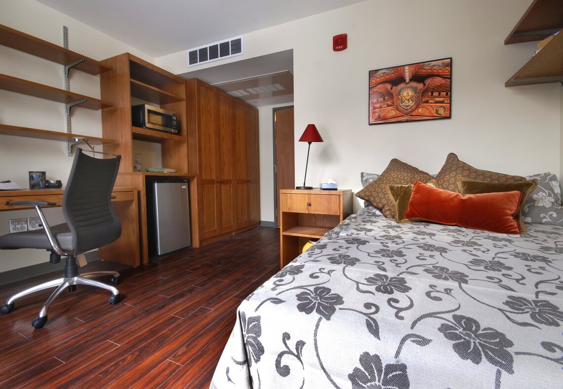 Each student room is furnished with the items show here, exclusive of the personal linens, pillows, and bedside lamp.
