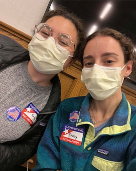Emma Mertens (left) and Emmy Maluf, both 2Ls, are two of the nearly 100 Michigan Law students who volunteered on Election Day, November 8, 2022.
