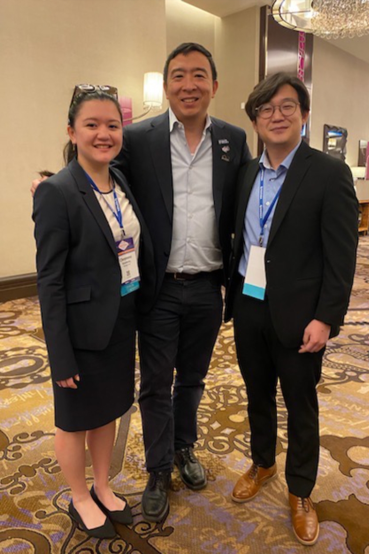 Andrew Yang, center, the businessman and candidate in the 2020 Democratic primary, also attended the Las Vegas Convention. 