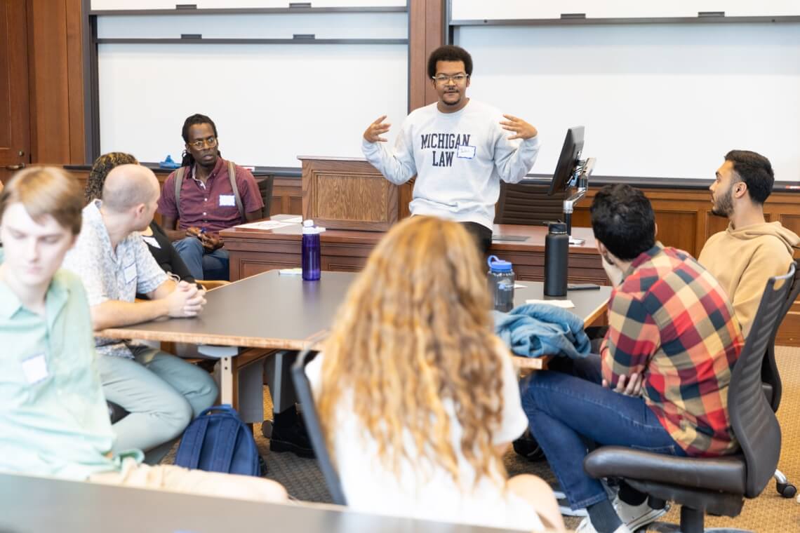 Jalen Rose (center), a 2L who participated in the Michigan Access Program last year, was one of several students who led this year’s social justice leadership training for incoming 1Ls.