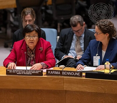Karima Bennoune, at right, listens as Roza Otunbayeva speaks. Otunbayeva is the former president of Kyrgyzstan and current special representative for Afghanistan and head of the UN Assistance Mission in Afghanistan. (UN Photo/Manuel Elías)